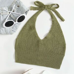 SHEIN MOOSTA Olive Knit Halter Tank Top with Button Detail - Size: Medium